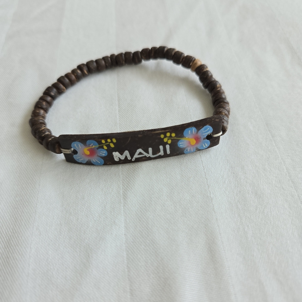 Hawaiian Jewelry Blue Flowers puka Coconut Shell Brown Maui Elastic Bracelet